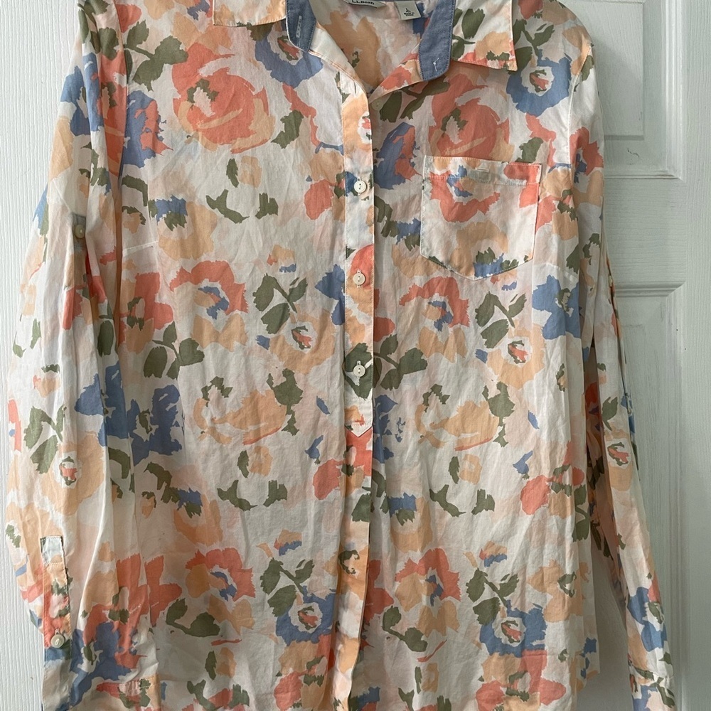L.L. Bean Floral Button Down Shirt - Orange, Blue, Green - Picture 8 of 11